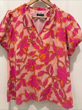 Mascomoda Pink Floral V-Neck Blouse with Fuchsia & Orange Accents